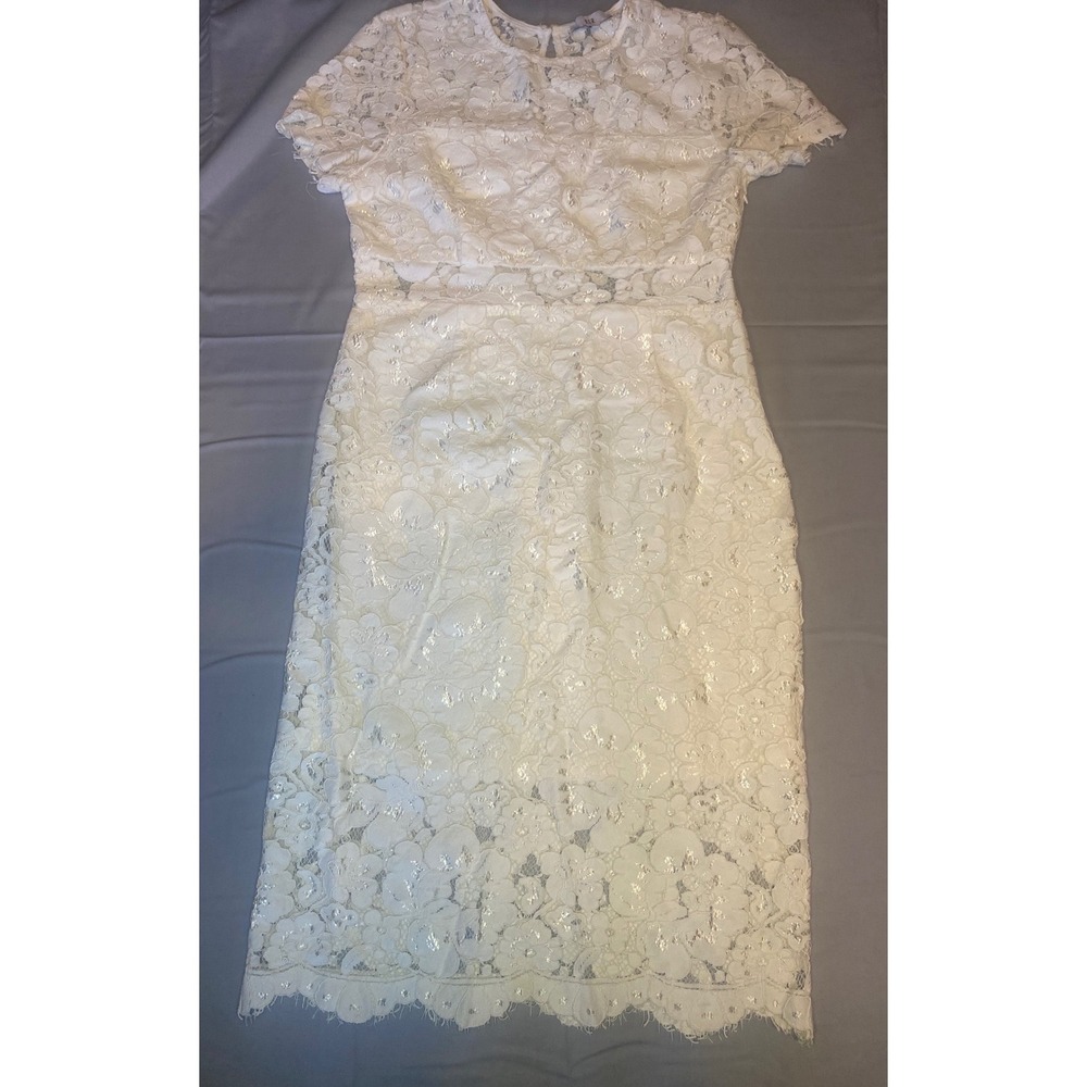NSR‎ Floral Lace Midi Dress Womens L White  Metallic Peplum Sheath Classic